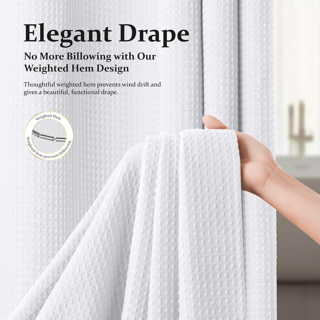 Extra Long Waffle Shower Curtain 256 GSM Fabric 72"x84" White | 84 Inch Long, Thick Polyester Cloth, Weighted Hem