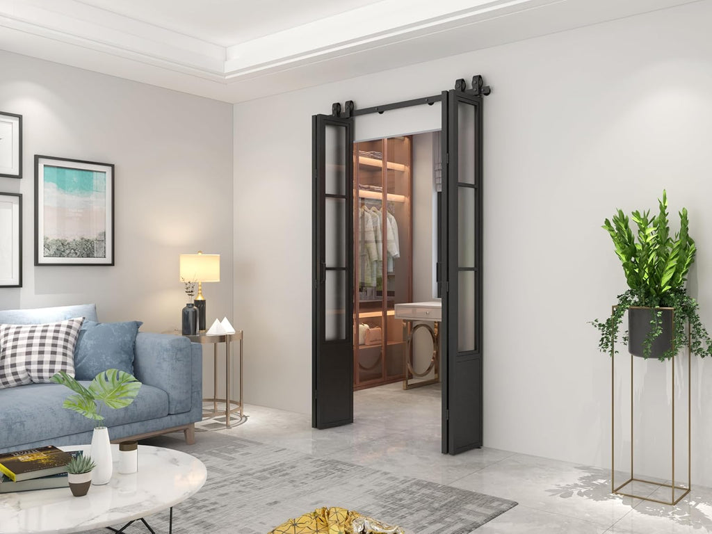 48 in. x 84 in. 3/4 Lites Frosted Glass Black Steel Frame Double Bi-Fold Barn Doors with Hardware Ki