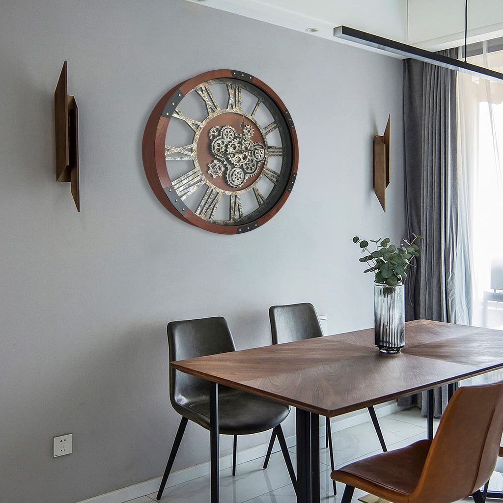 27" Original Moving Gears Wall Clock, Large Industrial Wall Clock Decor, Retro Metal Wood Vintage Farmhouse Steampunk