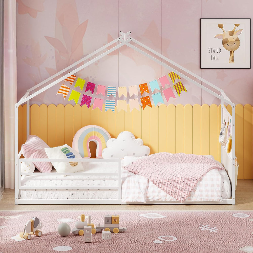 Twin Montessori House Bed for Kids with Storage Caddy and Pegboard, White | Metal Floor bed; storage caddy &