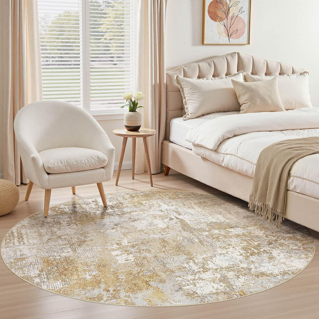 Washable 8' Round Area Rug for Living Room: Modern Abstract Neutral Large So' Thin Rugs - Non Slip I