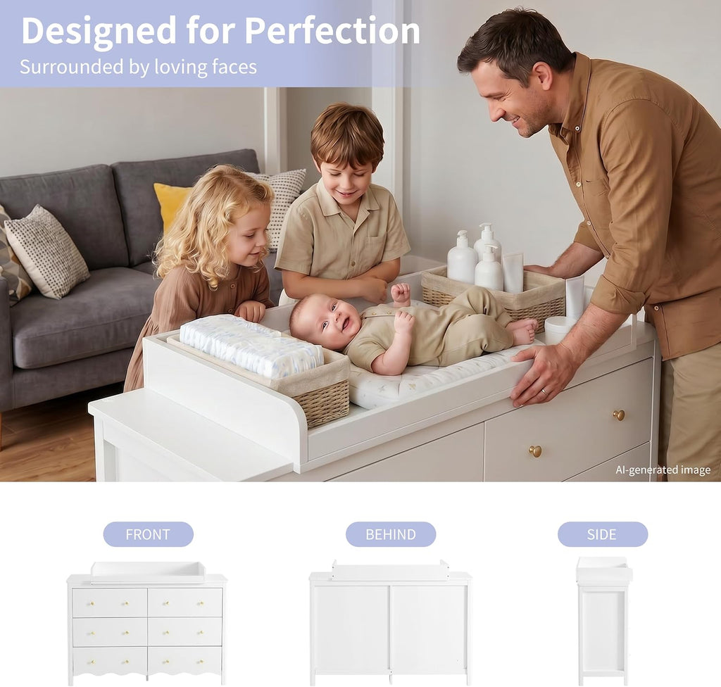 Nursery Dresser with Baby Changing Table White | Wooden Dresser Kids Dresser with 6 Drawer Dresser Baby Dresser