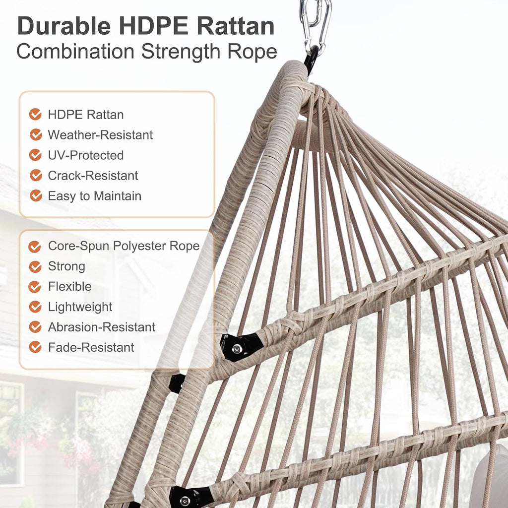 Foldable Hanging Egg Chair with Stand and Pillow, HDPE Rattan and Heavy Duty Aluminum-Steel Frame, Outdoor Patio