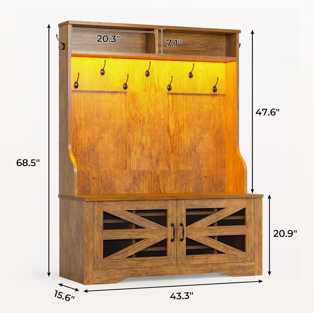 Hall Tree with Bench and Shoe Storage, 5-in-1 Entryway Bench with Coat Rack, 10 Shoe Cubbies & 9 Coat Hooks, Barn