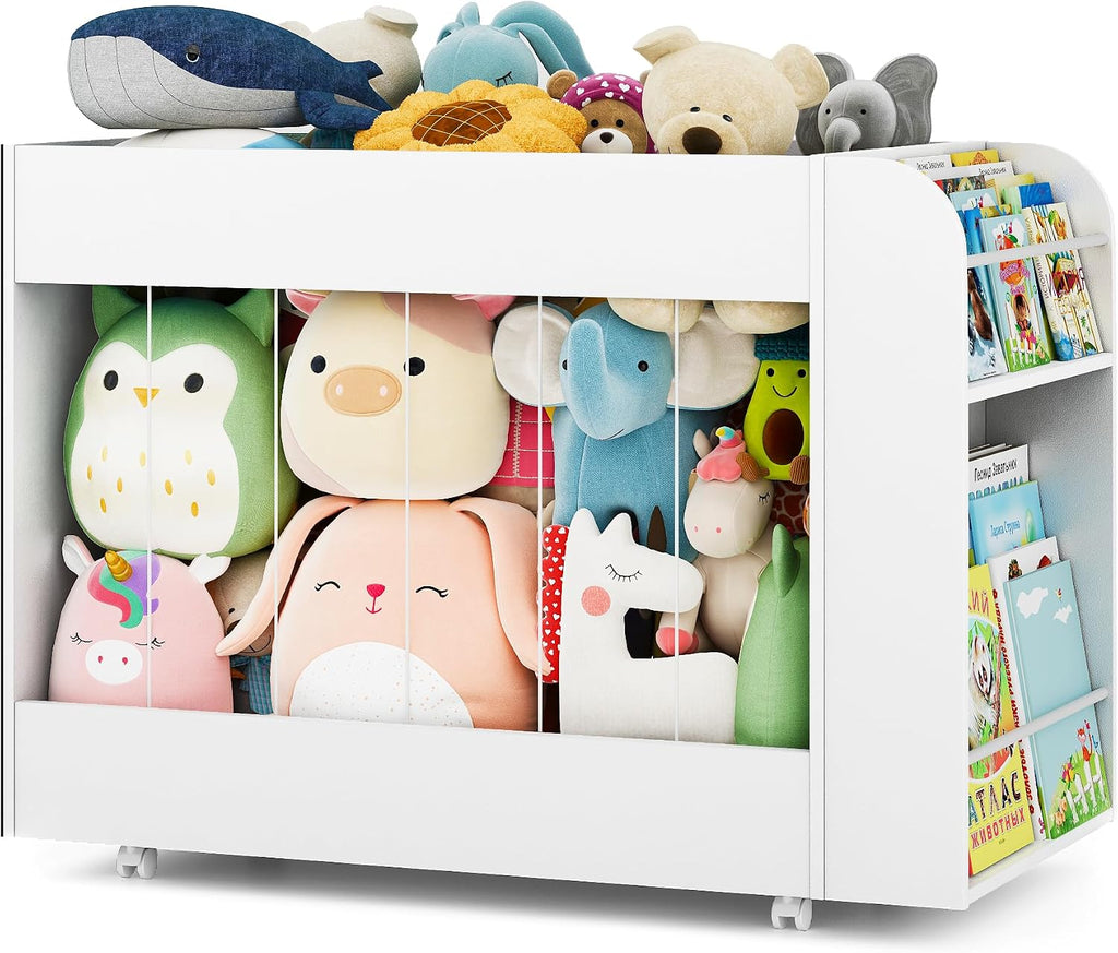 3-in-1 Toy Storage Box with Bookshelf and Chalkboard, Large Stuffed Animal Toy Chest on Wheels, Kids Toy Storage