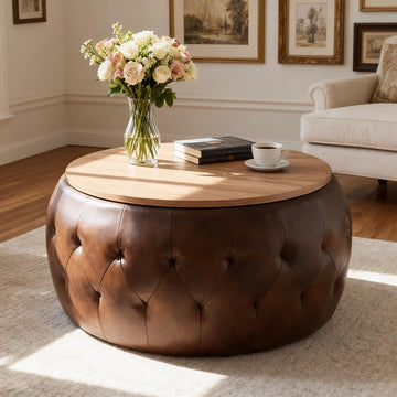 25 Inches Large Round Storage Ottoman, Modern Upholstered Ottoman Coffee Table, Wooden Top, Faxu Leather Surface