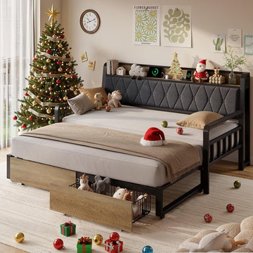 Twin Daybed with Pop up Trundle, Twin to King Daybed, Black | Metal Twin Day Bed Frame with Storage Drawers