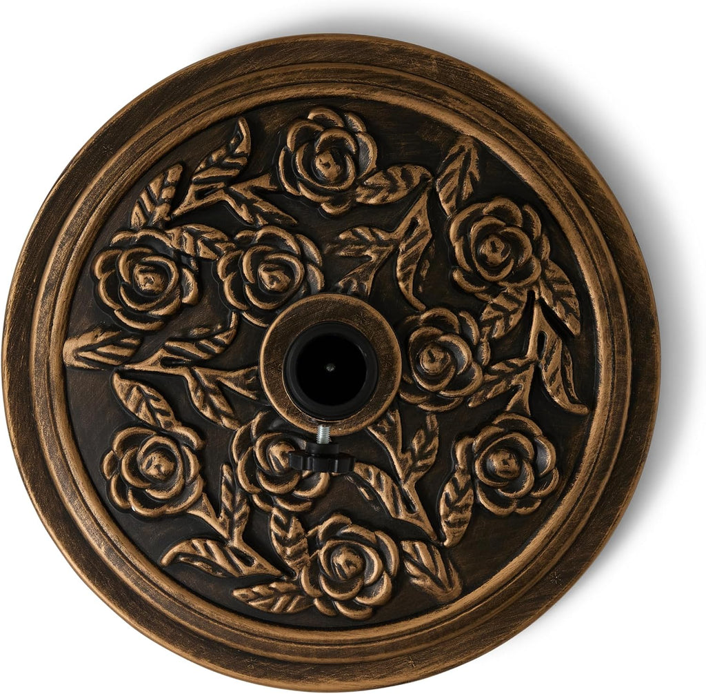 20 lb Patio Umbrella Base Stand, Decorative Rose Medallion Antique Bronze Finish, Fits 1.5-1.9 in Poles w/Adapters