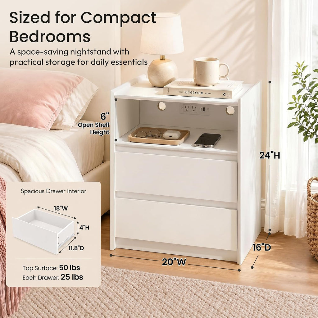 24" Tall Nightstand with Charging Station Including USB-C, Modern Bedside Table and Sofa End Table - White, 2