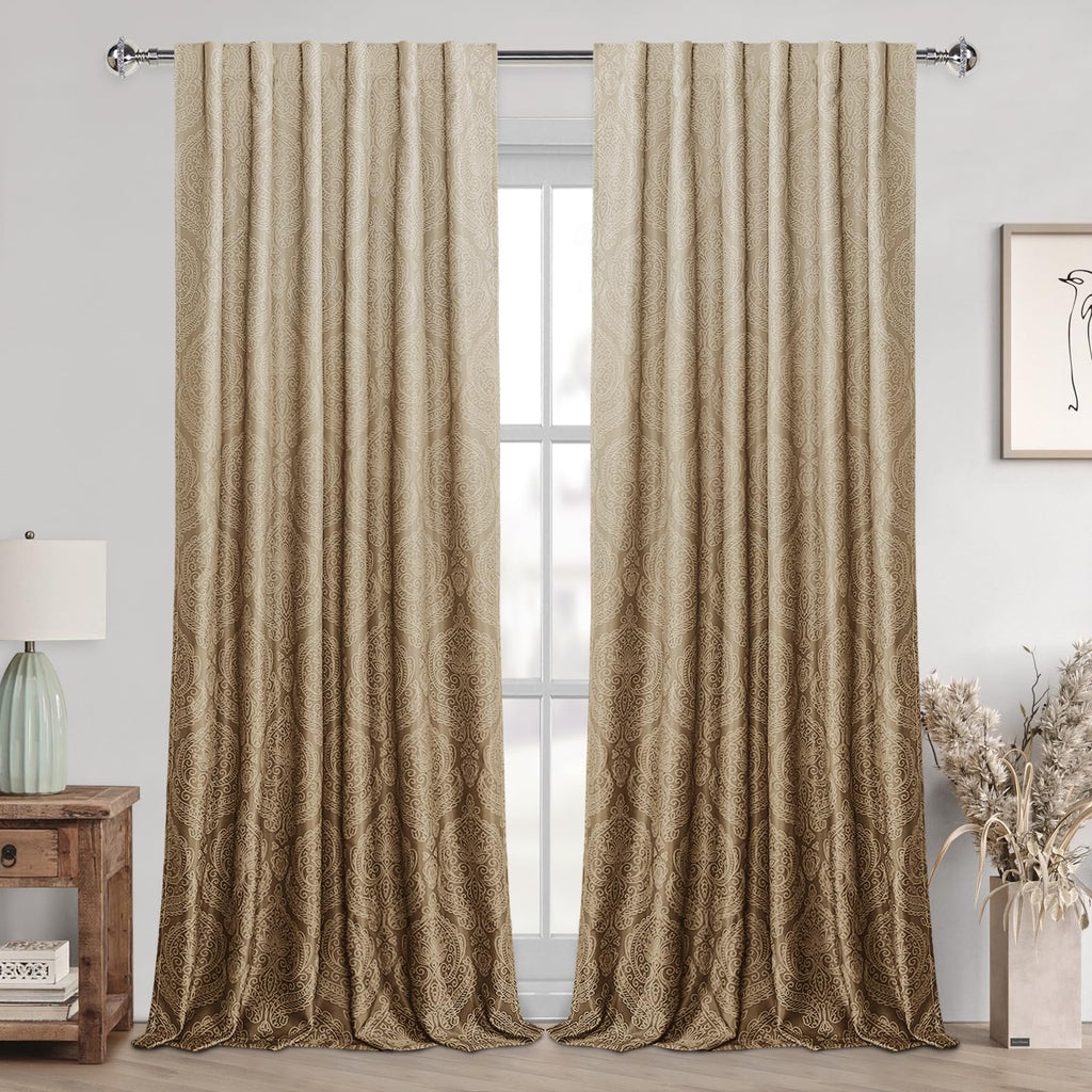 Damask Pattern Curtains 102 Inches, 2 Panels, Taupe