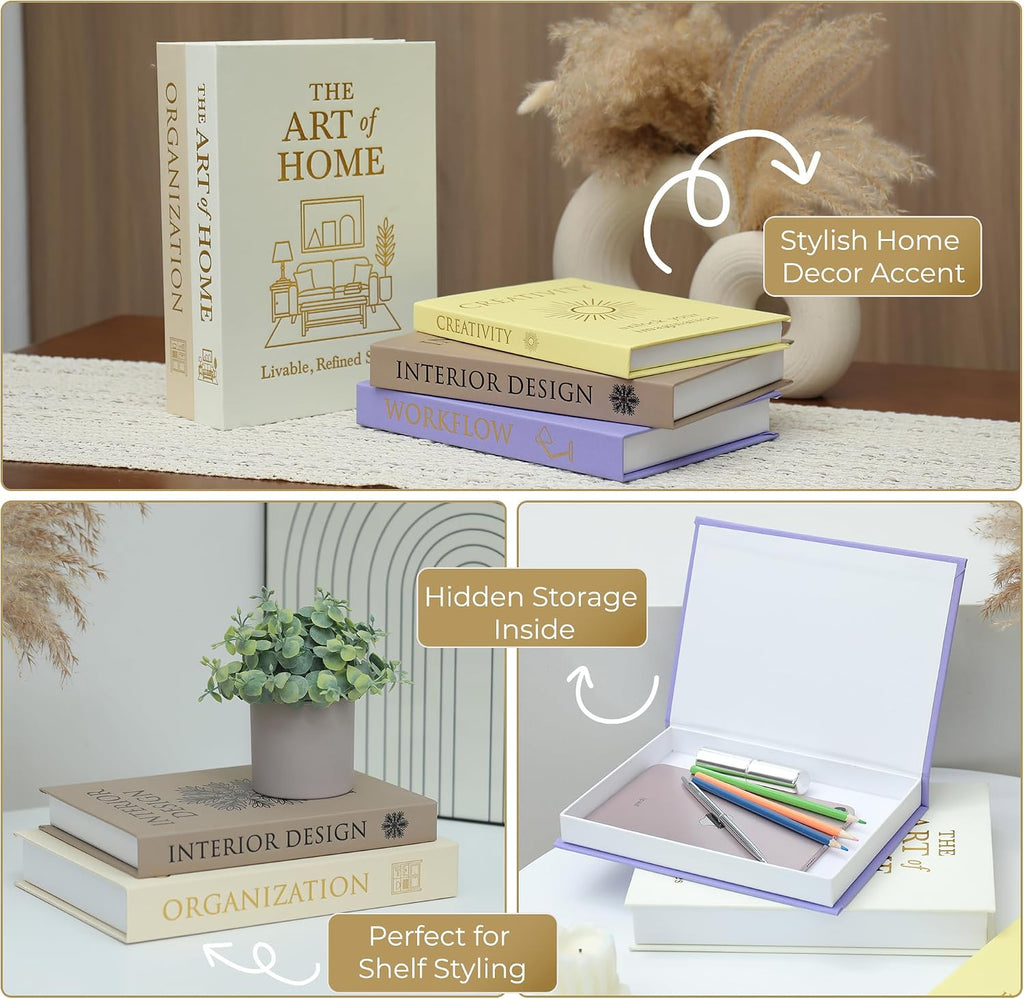 Decorative Books Set of 5 with Hidden Storage & Magnetic Closure - Oxford Linen Faux Books with Gold Foil Embossing |