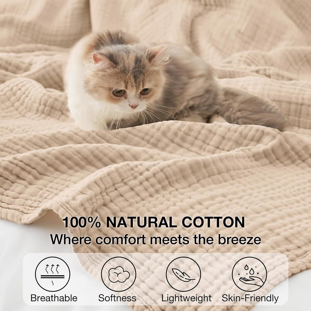 6 Layers Cotton Muslin Blankets Large, Lightweight Cotton Throw, Cooling Soft Throw Blanket for Year-Round Comfort