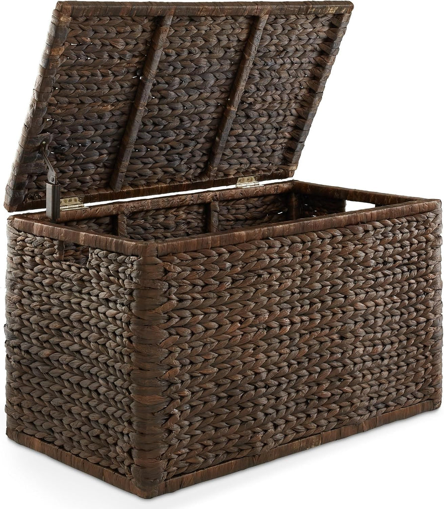 30" Storage Chest with Lid, Handles, Safety Hinge - Espresso Dark Brown, Hyacinth Wicker Storage Trunk for Entry Way
