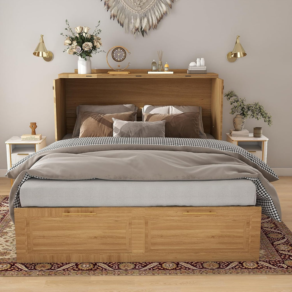 Murphy Bed Full: Oak 2 in 1 Murphy Bed Cabinet with Drawer, Wood Cabinet Bed with Charging Station, Modern Hidden