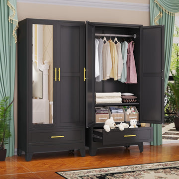 Steel Armoire Wardrobe Closet with Mirror Door and Drawer 71" Black | Household Wardrobe Cabinet with Hanging Rod
