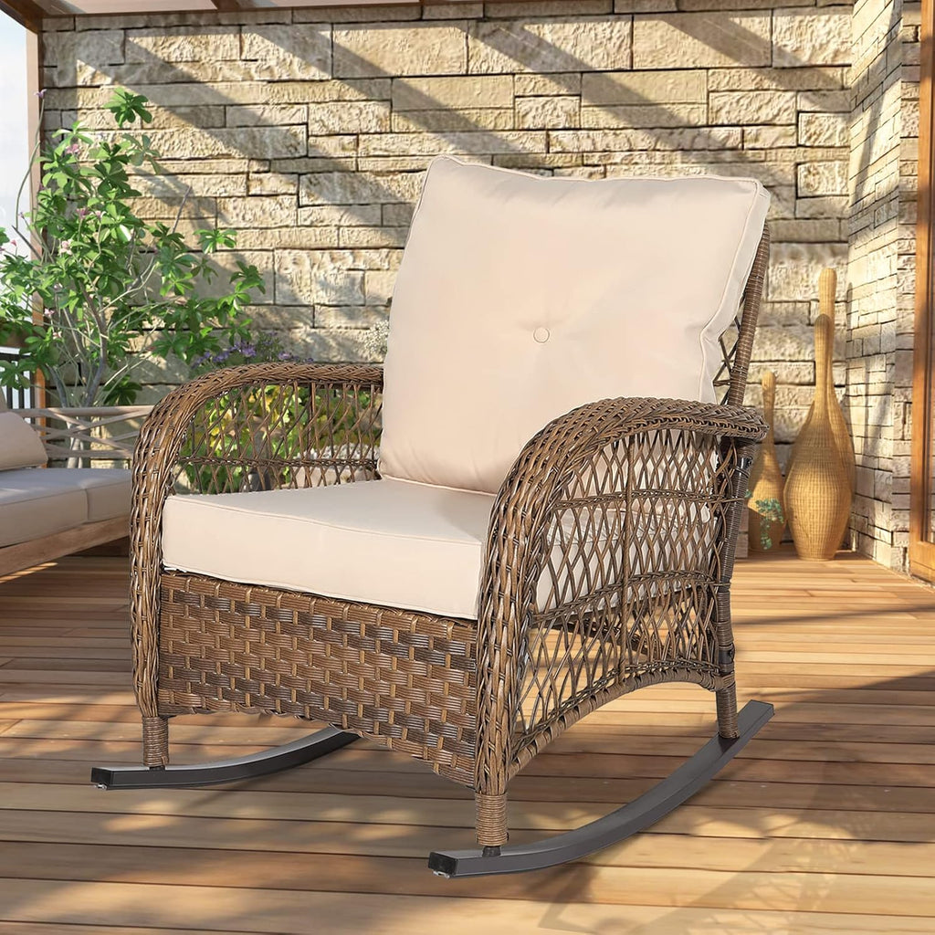 Outdoor Wicker Rocking Chair with Thickened Cushions, All-Weather Rattan Patio Rocking Chairs, Rocker Wicker Chair