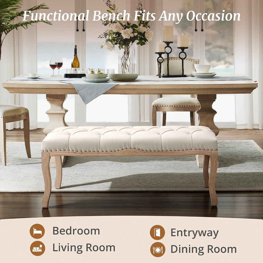 Bedroom Bench, French Vintage Tufted Entryway Bench, 45.2" Carving Upholstered End of Bed Bench with Distressed Wood