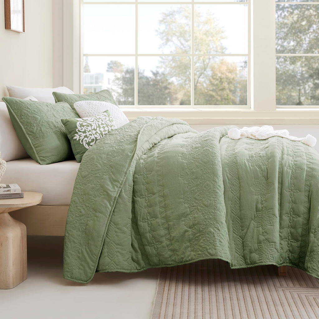 Boho Sage Green Quilt Queen Size Bedding Sets with Pillow Sham, Bohemian Lightweight Soft Bedspread Coverlet