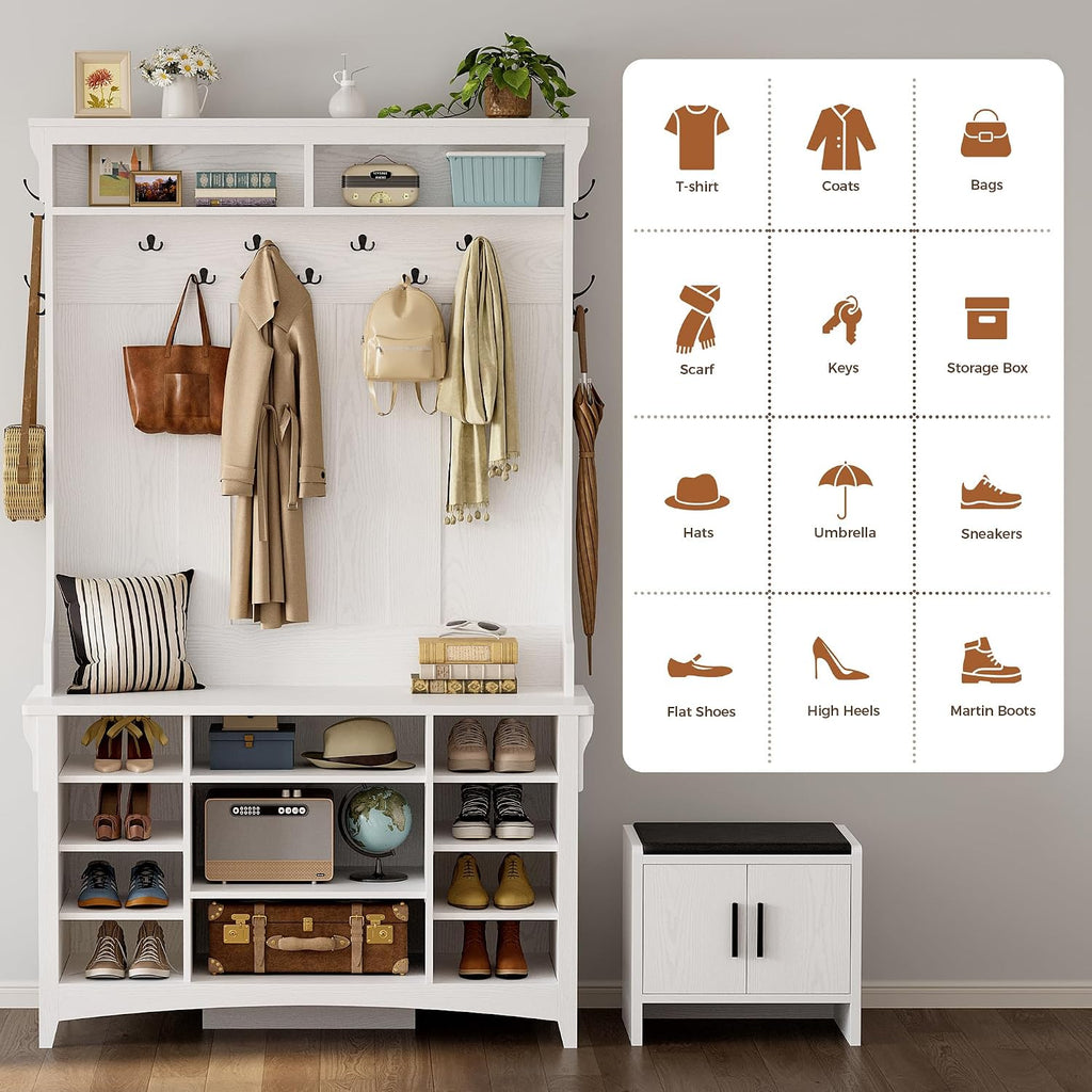 80" H 47" W Large Hall Tree with Bench and Shoe Storage, 6-in-1 Entryway Bench with Coat Rack, Adjustable Shelf