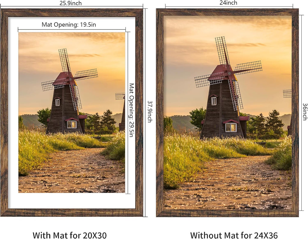 24x36 Picture Frame Set of 5, Rustic Brown Poster Frame, Display Pictures 20 x 30 with Mat or 24 x 36 Without Mat for