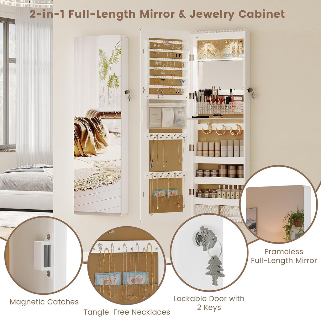 47.2" Full-Length Mirror Jewelry Cabinet, Lockable Wall/Door Mount, White