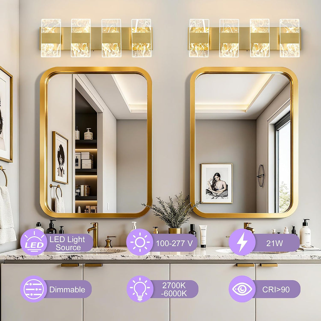 Modern LED Bathroom Light Fixtures Dimmable 4-Light Gold Vanity Light | 5CCT Adjustable Lighting Fixture Vanity