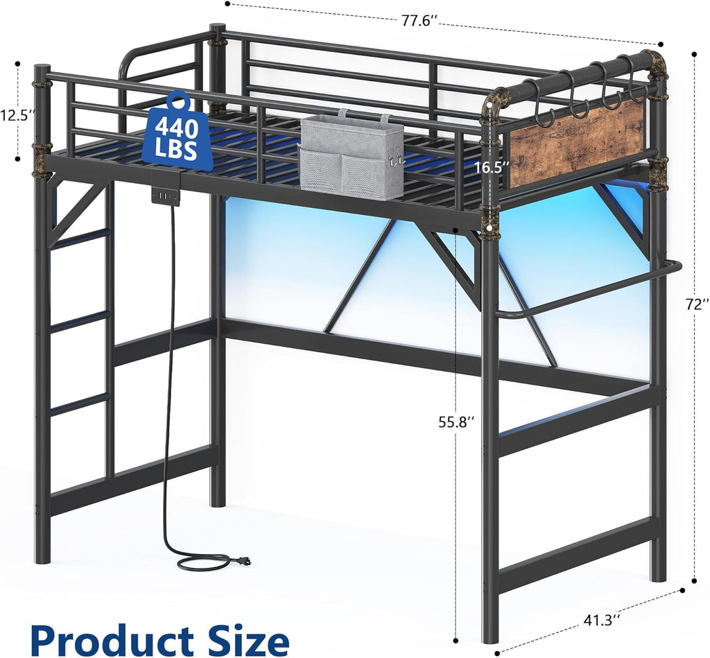 Twin Loft Bed with LED Lights and Charging Station