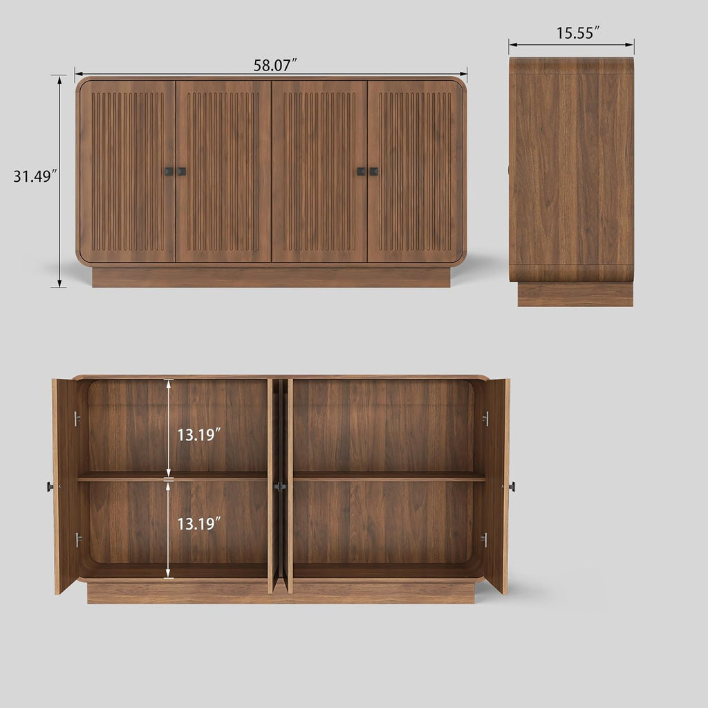 58 Inch Sideboard Buffet Cabinet with Storage, Curved Edges Buffet Storage Cabinet with 4 Fluted Doors, Mid Century