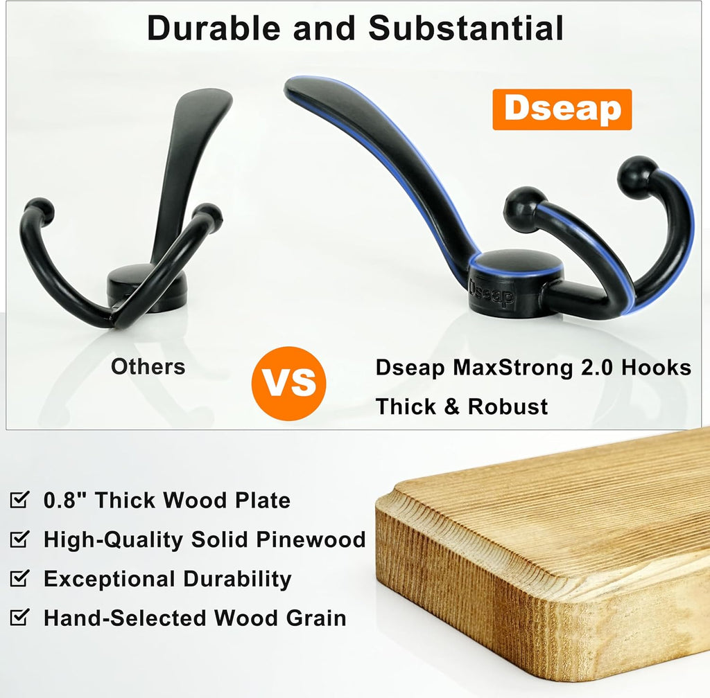 Coat Rack Wall Mounted - 24" Long 6 Tri Hooks, Heavy Duty Wooden Wall Coat Hanger Coat Hook for Clothes Hat Jacket