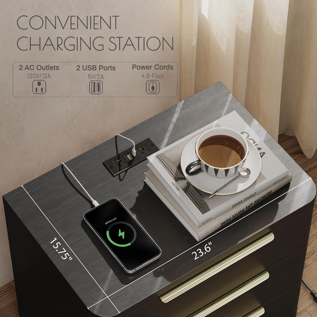 Black Nightstand with Charging Station, Modern Wood Nightstand Black Bedside Table, Wooden Nightstands with 3 Drawers