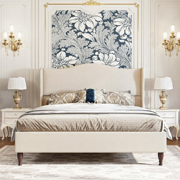 Queen Bed Frame Upholstered Platform Bed with 51" Tall Headboard Wingback, Soft Fabric