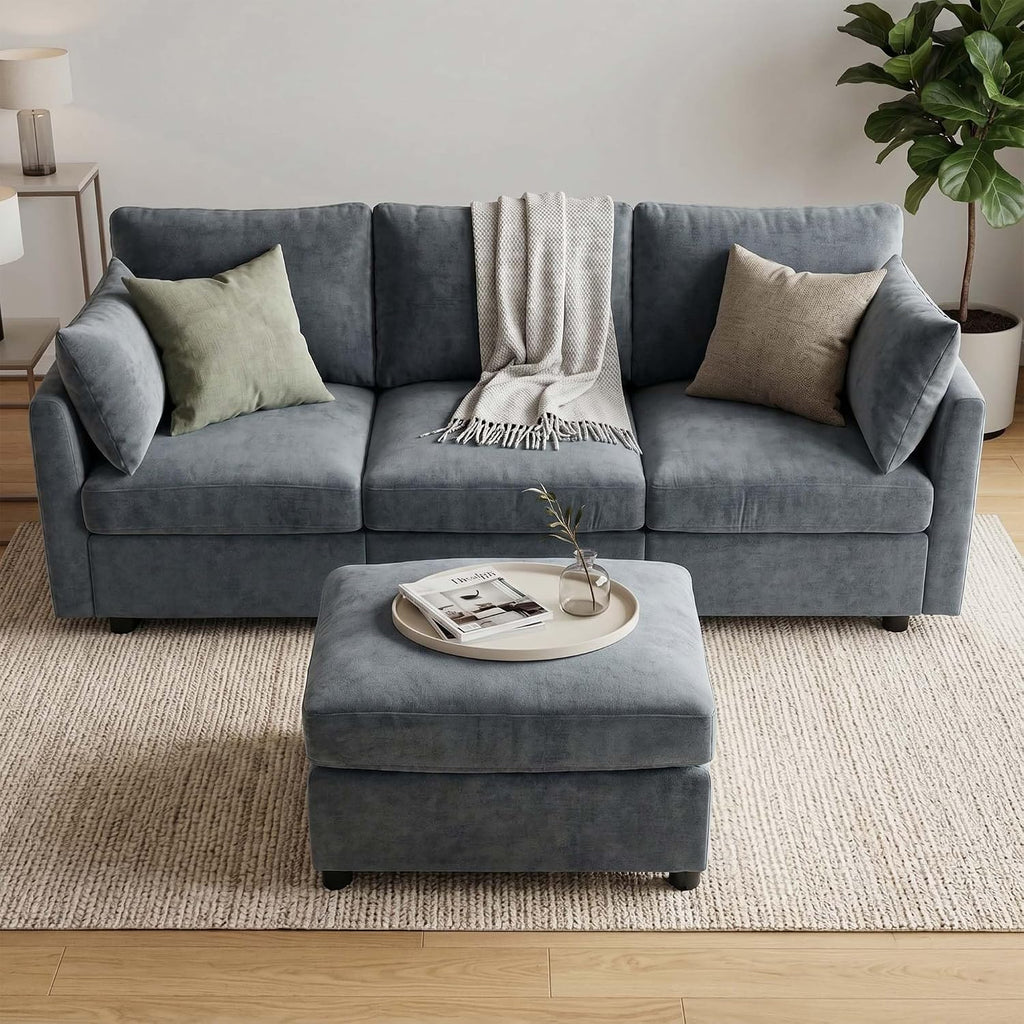 Sectional Couch , Comfy L Shaped Convertible Sofa, 4 Seater Modern Chenille Sofa with Ottoman, Grey