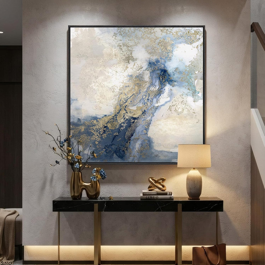 Extra Large Framed Blue Abstract Wall Art , Oversized Square Modern Canvas Prints Paintings for Walls, Minimalist