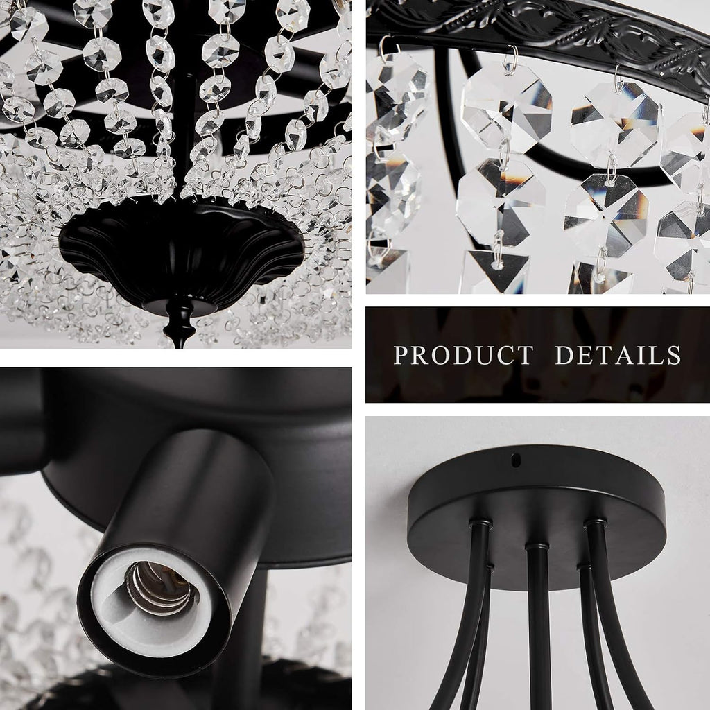5-Light E12 Round Crystal Ceiling Light Fixture Modern Semi Flush Mount Chandelier Ceiling Lamp for Living Room