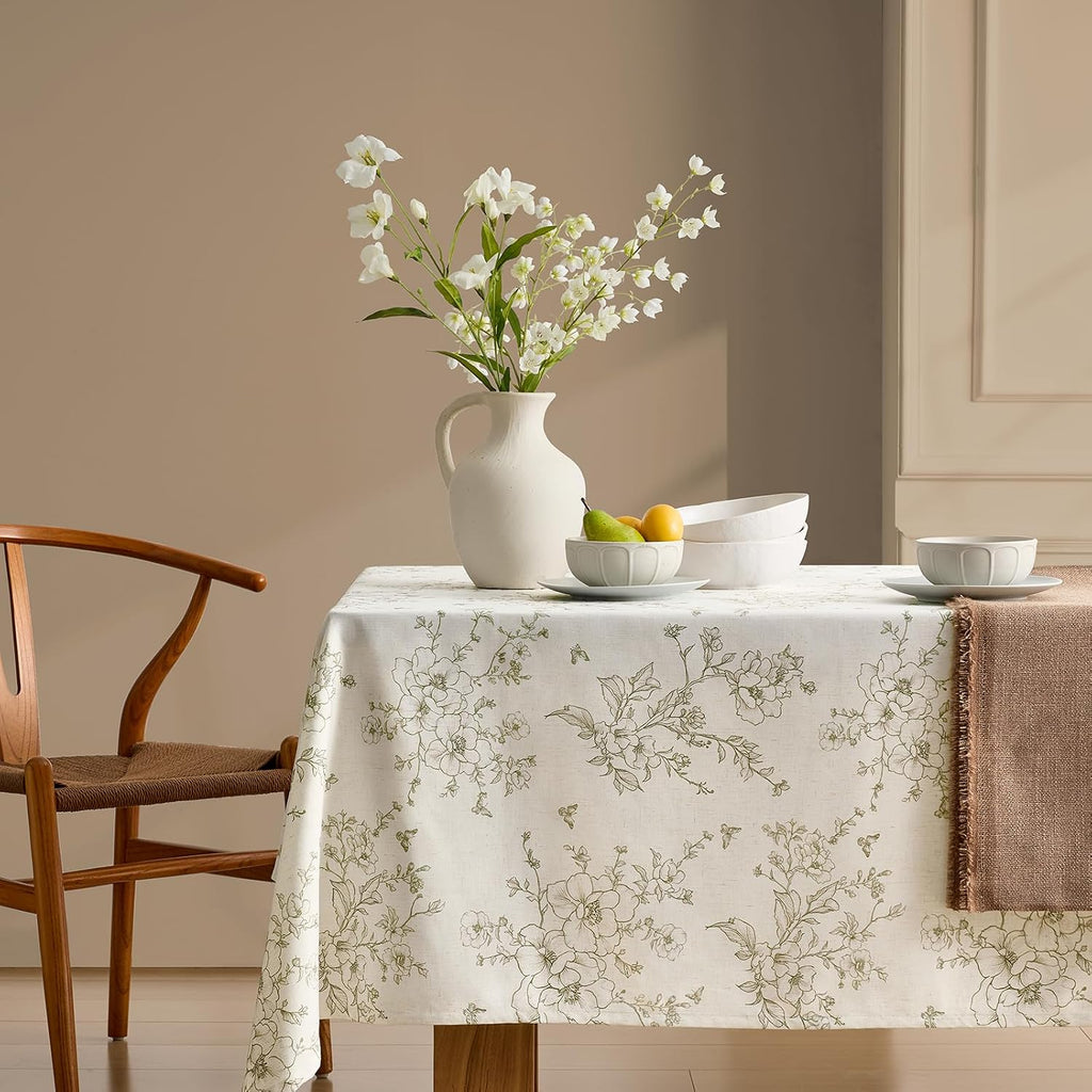 French Floral Tablecloths Rectangular Linen Table Cloth with Green Flowers Pattern Burlap Textured Farmhouse Vintage