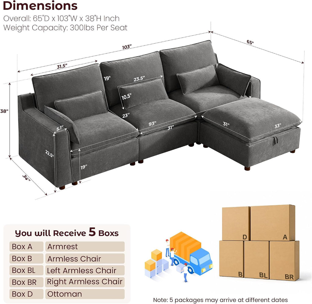 Modern Modular Sectional Sofa,103" L Shape Minimalist Couch with Storage Ottoman,Comfty 4 Seat Sofa ,Grey Chenille