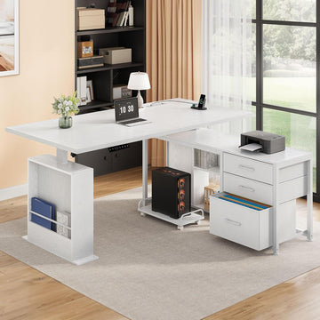 63'' L Shaped Desk with 3 Drawers Electric Standing Desks White | with Storage Computer Desk Adjustable Height with