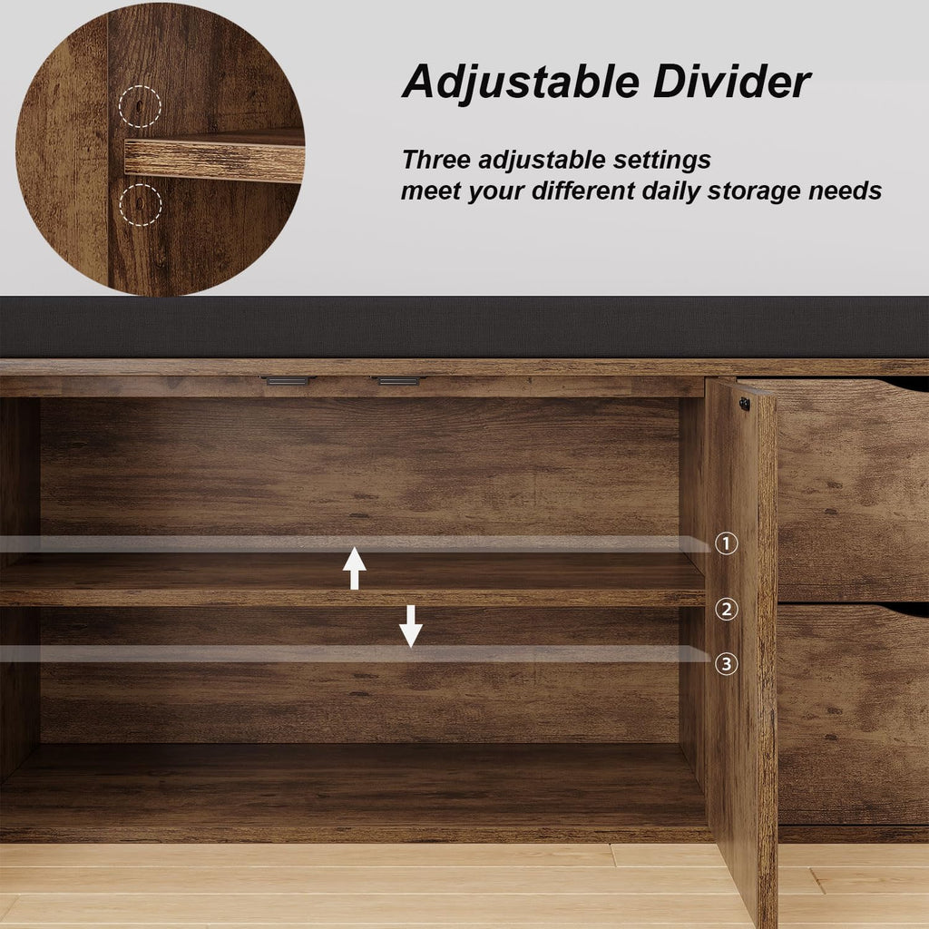 Entryway Shoe Bench, Rustic Storage Bench with Cushioned Seating