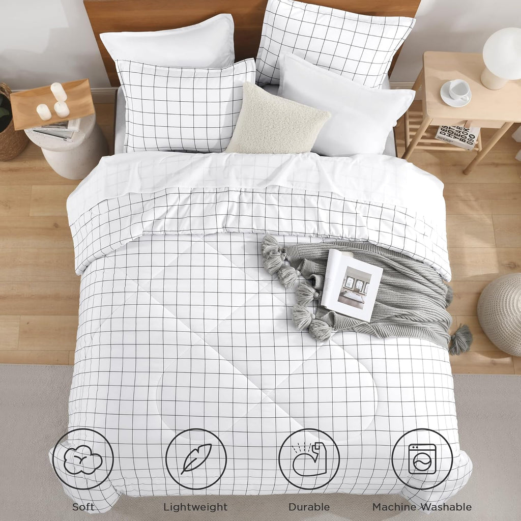 Comforter Sets, White Gingham Plaid Grid Checkered Bedding Comforter Set for Teens Boys Girls Kids, 3 Pieces