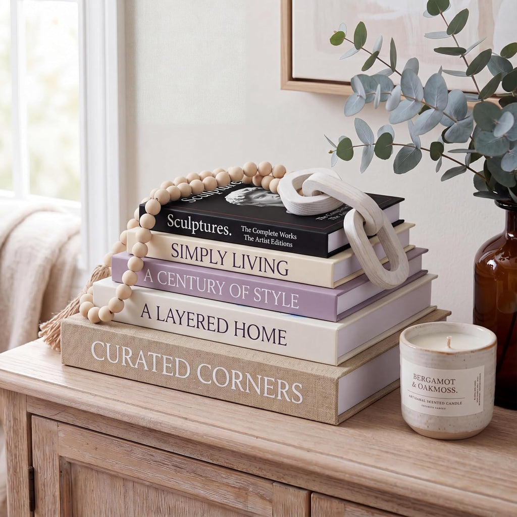 Decorative Books Set of 5 Fake Books Decor with Wood Bead Garland and Buckle Modern Aesthetic Stackable Book for