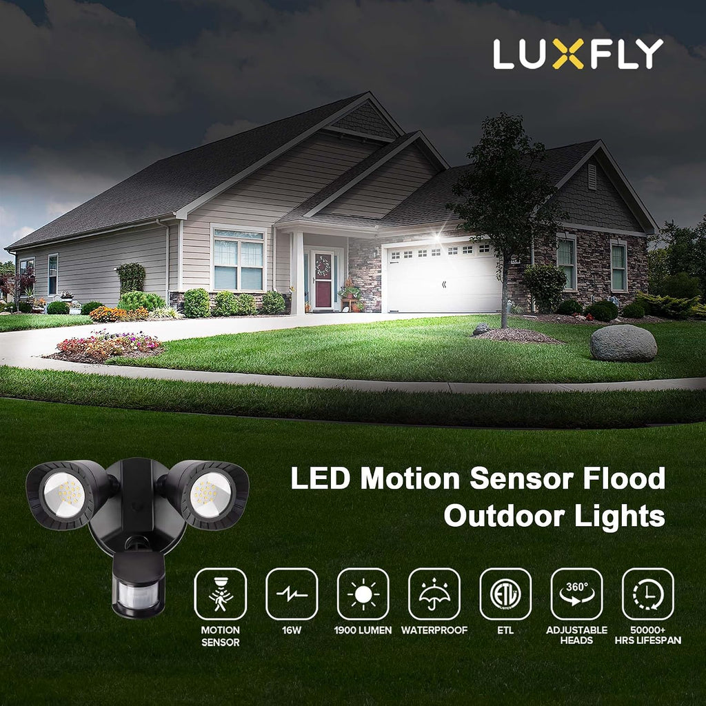 LED Motion Sensor Outdoor Light, 16W 1900LM 5000K Daylight, IP65 Waterproof Flood Lights, 2 Head Dusk to Dawn Motion