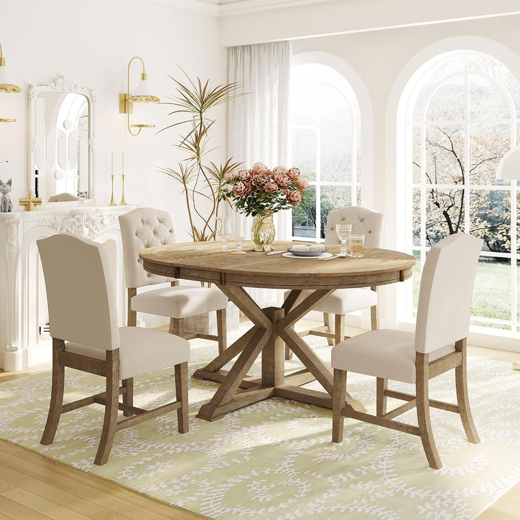 Extendable Round Dining Table for 4-8, Farmhouse 42"-54'' Expandable Kitchen Table with Removable Leaf and Pedestal