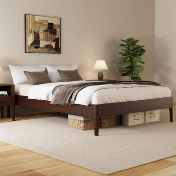 Full Size Japanese Wooden Bed Frame, Mid-Century Chocolate Wood Low Platform Bed, 9 inch Low Under Bed Storage