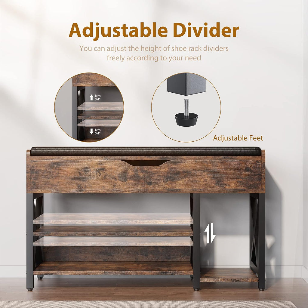 Shoe Bench, Lift Top Shoe Storage Bench, Adjustable Shelf Entryway Bench, Metal and Wood Shoe Rack Organizer with