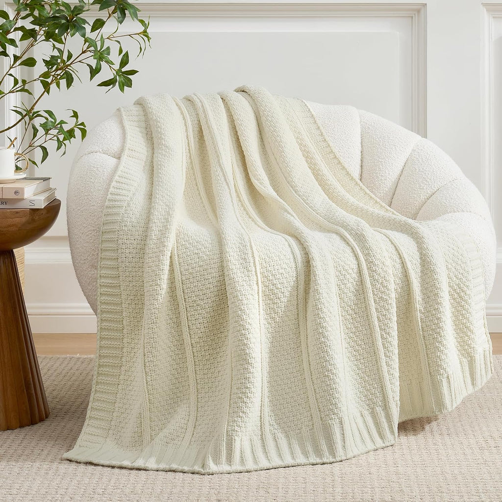 Premium Chenille Throw Blanket, Soft Cozy Moss Stitch Knit Blanket, Chair, Home Decor, Cream White 50"x60"