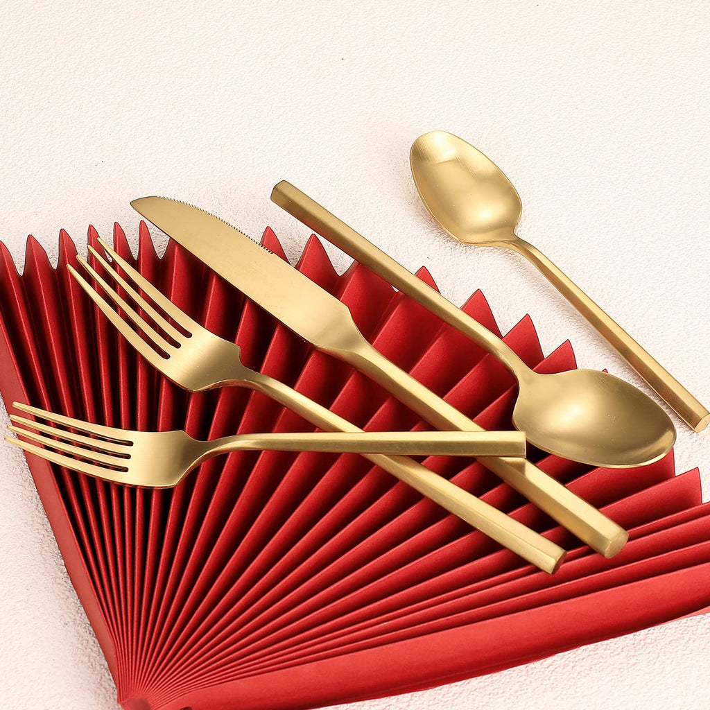 Matte Silverware Set Gold Flatware Set with Hexagon Handle 20 Pieces 18/0 Stainless Steel Cutlery Set Wedding