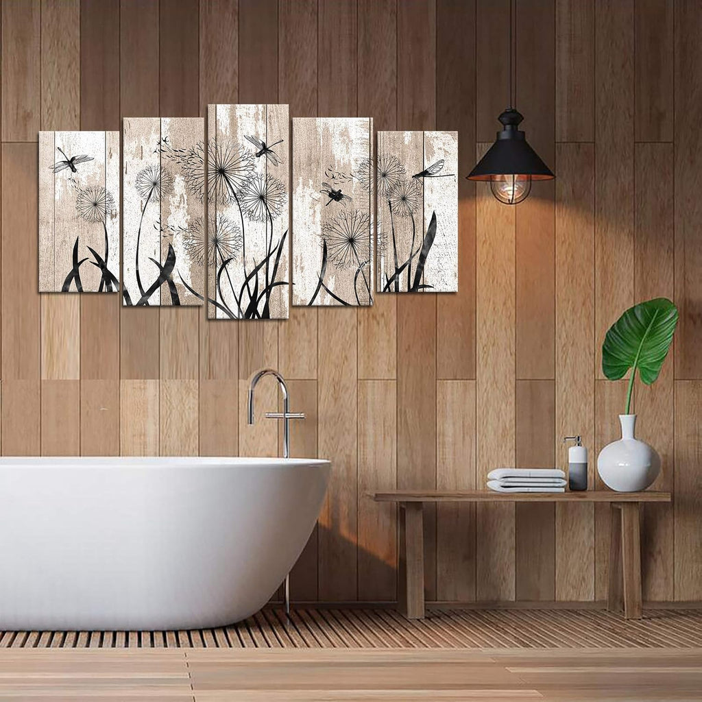 5 Pieces Large Abstract Dragonfly with Dandelion Giclee Print Canvas Wall Art on Rustic Beige Wood Textured Picture
