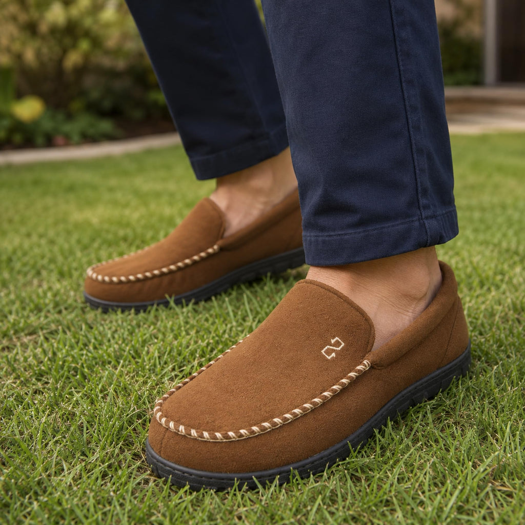 Men's Moccasin Slippers Memory Foam Indoor Outdoor, Camel, 11