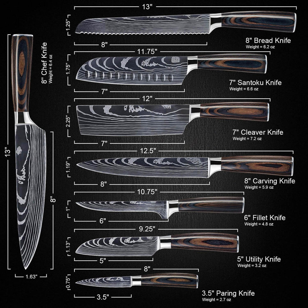 8-piece Premium Japanese Kitchen Knife Set with Laser Damascus Pattern - Imperial Collection - Chef's Knife, Santoku