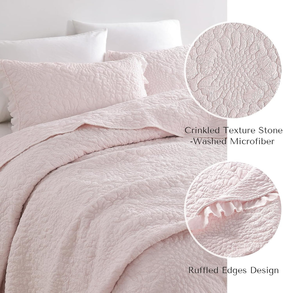 Pink Ruffled Quilt Twin, Stone-Washed Microfiber Lightweight Crinkled Farmhouse Rustic Shabby Chic Bedding Set, 2 - Set of 2